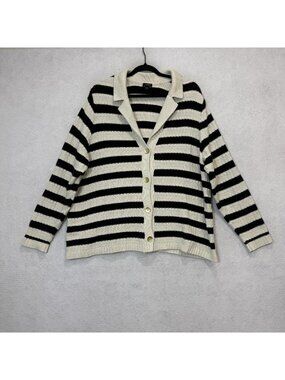 J Jill Cardigan Sweater Womens 2X White Black Stripe Collared Button Front Knit